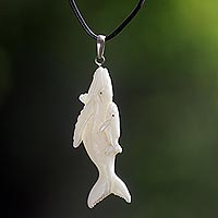 Bone pendant necklace, 'Loving Whales'