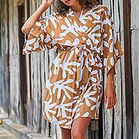 Short rayon robe, 'Balinese Spice' - Women's Brown and White Fern Floral Rayon Wrap Short Robe