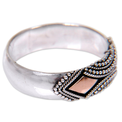 Gold accented sterling silver band ring, 'Golden Stare' - Sterling Silver Ring with Gold Plated Accents