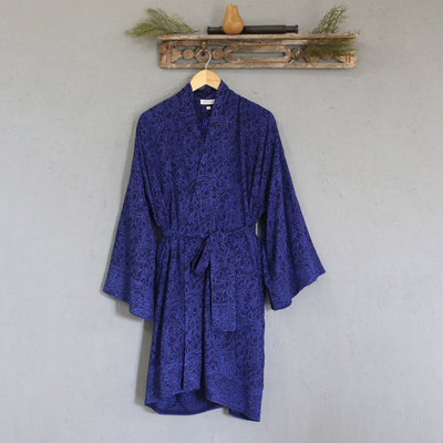 Short rayon batik robe, 'Indigo Garden' - Hand Stamped Batik Flowers on Short Rayon Robe from Bali