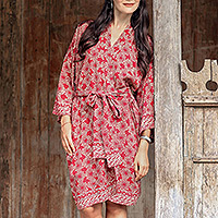 Short rayon batik kimono, 'Claret Nebula' - Balinese Hand Stamped Batik on Short Rayon Robe in Red