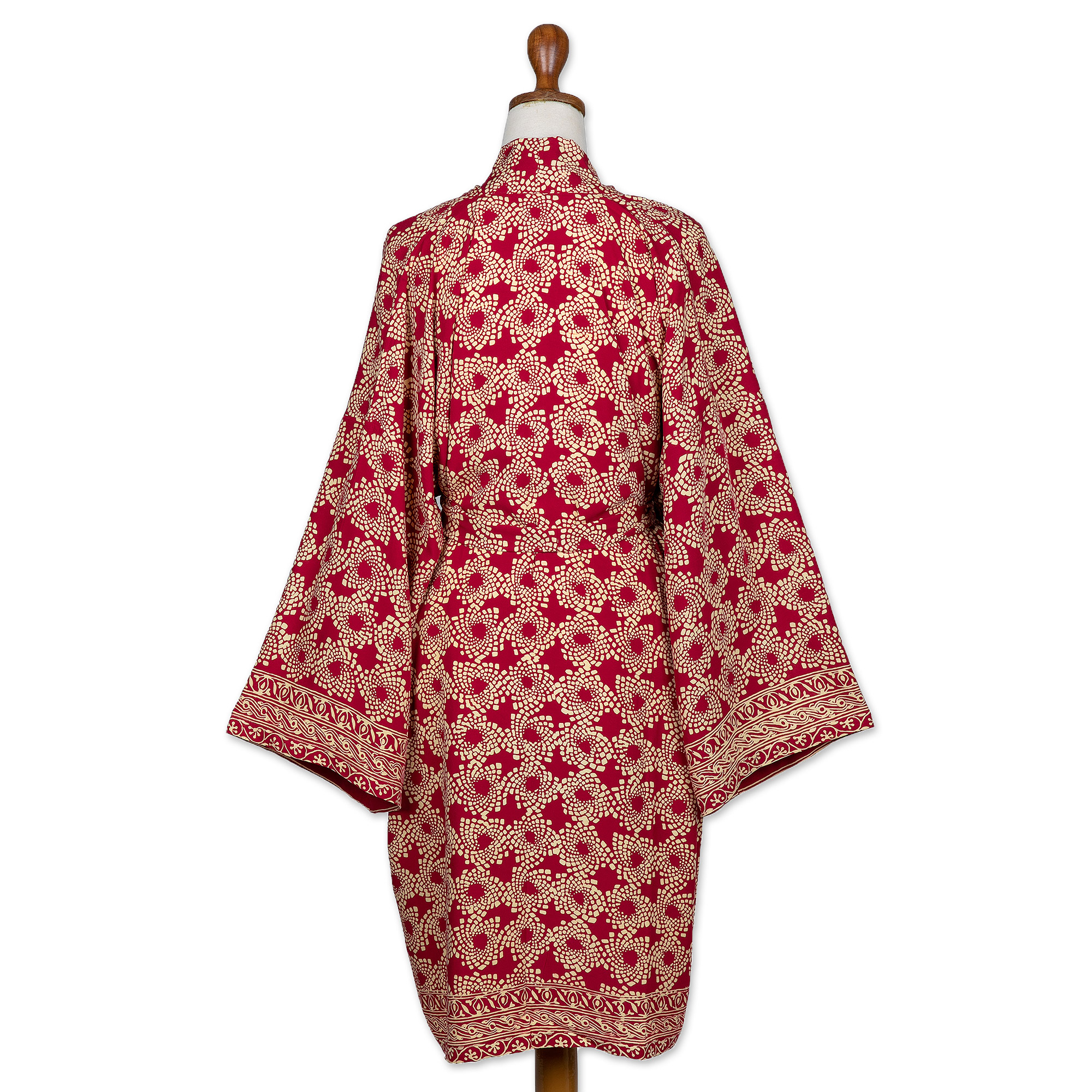 Dark Red Hand Stamped Batik Rayon Kimono Jacket - Claret Nebula | NOVICA