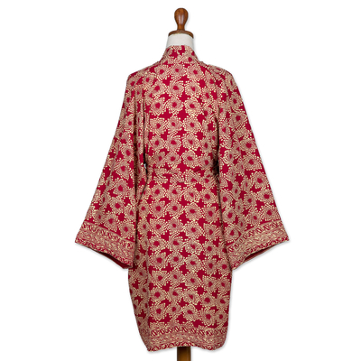 Kurzer Rayon-Batik-Kimono - Dunkelrote handgestempelte Batik-Rayon-Kimonojacke