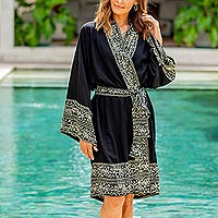 Indonesian Floral Patterned Black and White Short Robe,'Midnight Rose'