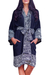 Short rayon batik robe, 'Midnight Rose' - Indonesian Floral Patterned Black and White Short Robe thumbail