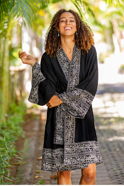Short rayon batik robe, 'Midnight Rose' - Indonesian Floral Patterned Black and White Short Robe