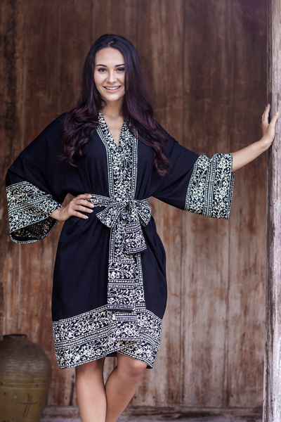 Short rayon batik robe, 'Midnight Rose' - Indonesian Floral Patterned Black and White Short Robe