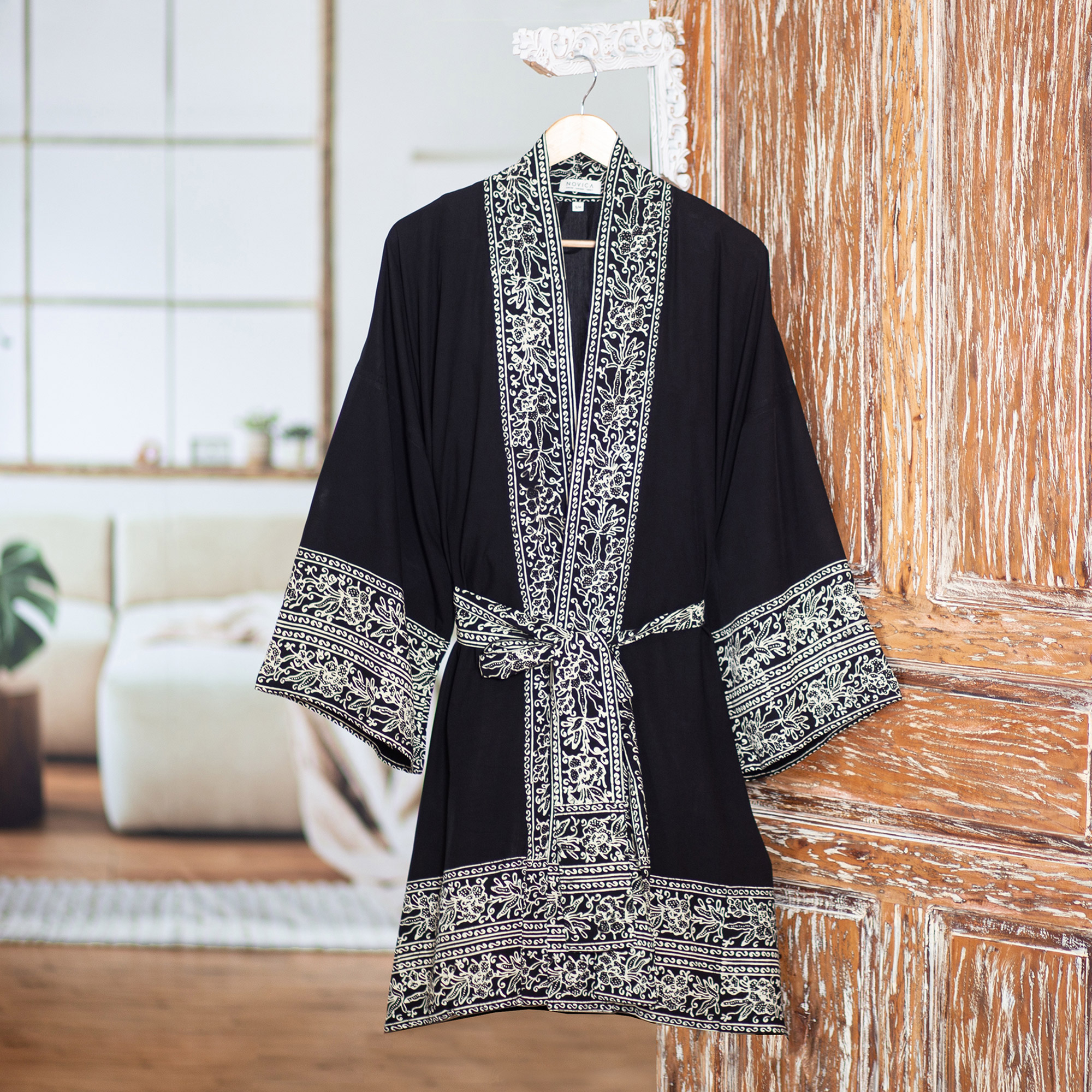 Indonesian Floral Patterned Black and White Short Robe - Midnight Rose ...