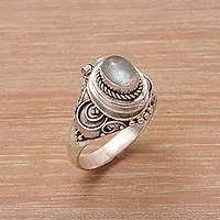 Labradorite locket ring, 'Shimmering Shrine' - Labradorite and Sterling Silver Locket Ring from Bali