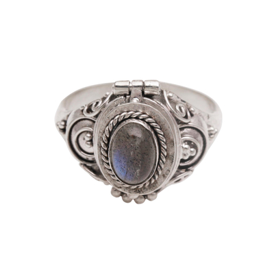Labradorite locket ring, 'Shimmering Shrine' - Labradorite and Sterling Silver Locket Ring from Bali