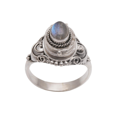 Labradorite locket ring, 'Shimmering Shrine' - Labradorite and Sterling Silver Locket Ring from Bali