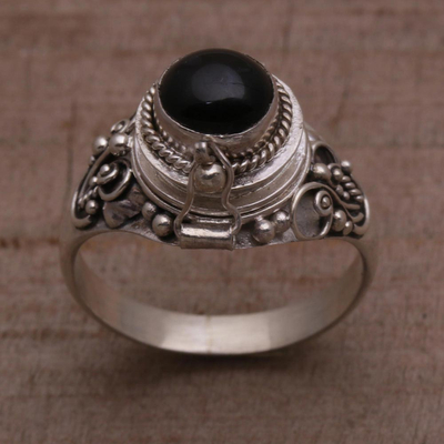 Onyx locket ring, 'Gerhana Shrine' - Onyx and 925 Sterling Silver Locket Ring from Bali