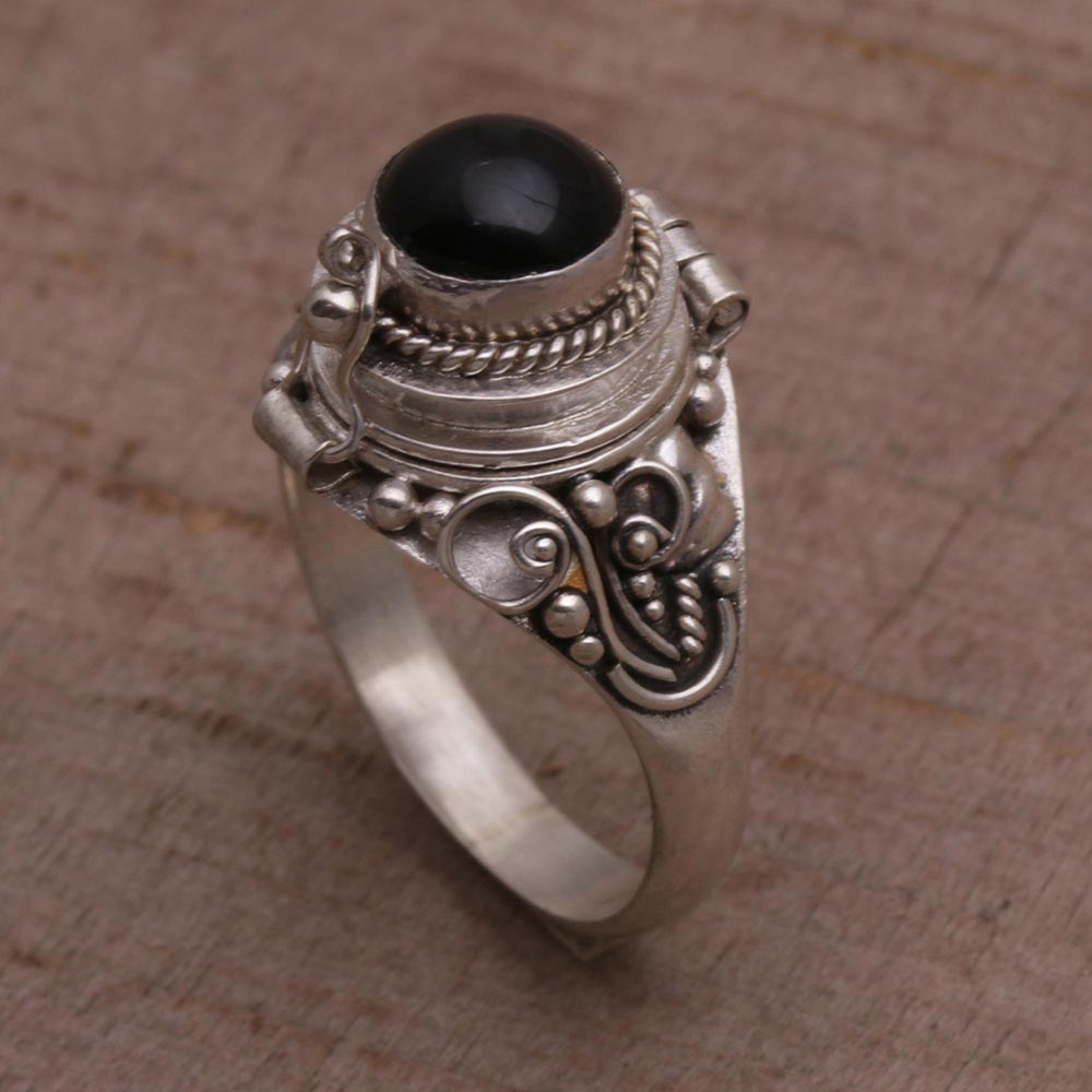 Onyx and 925 Sterling Silver Locket Ring from Bali - Gerhana Shrine ...