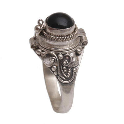 Onyx locket ring, 'Gerhana Shrine' - Onyx and 925 Sterling Silver Locket Ring from Bali