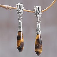 Tiger's eye dangle earrings, 'Brown Wand'