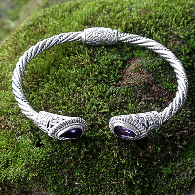 Amethyst cuff bracelet, 'Bright Eyes' - Amethyst Sterling Silver Cuff Bracelet from Indonesia