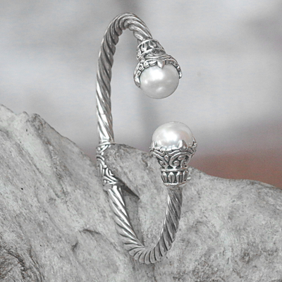 Cultured pearl cuff bracelet, 'Sterling Rope' - Cultured Pearl Sterling Silver Cuff Bracelet from Indonesia