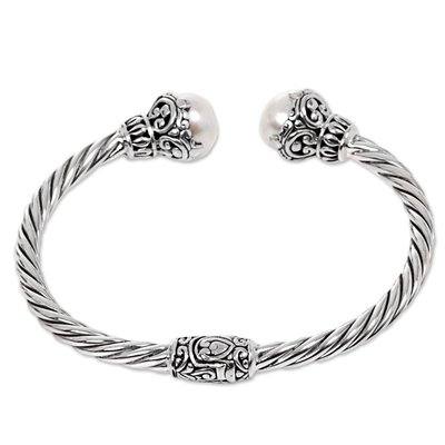 Cultured pearl cuff bracelet, 'Sterling Rope' - Cultured Pearl Sterling Silver Cuff Bracelet from Indonesia
