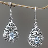 Gold accented blue topaz dangle earrings, 'Dragonfly Duet'