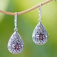 Gold accented garnet dangle earrings, 'Dragonfly Duet'