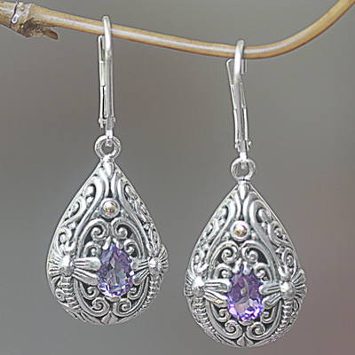 Gold accented amethyst dangle earrings, 'Dragonfly Duet' - Sterling Silver and Amethyst Dragonfly Dangle Earrings
