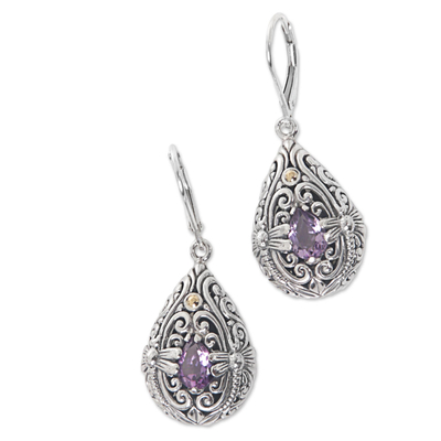 Gold accented amethyst dangle earrings, 'Dragonfly Duet' - Sterling Silver and Amethyst Dragonfly Dangle Earrings