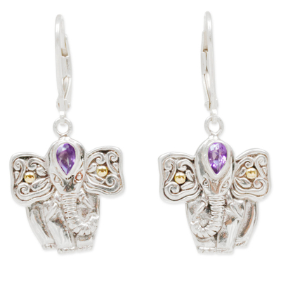 Gold accented amethyst dangle earrings, 'Indonesian Elephant' - Hand Made Amethyst Elephant Dangle Earrings from Indonesia