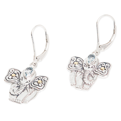Gold accented blue topaz dangle earrings, 'Indonesian Elephant' - Balinese Blue Topaz Sterling Silver Elephant Dangle Earrings