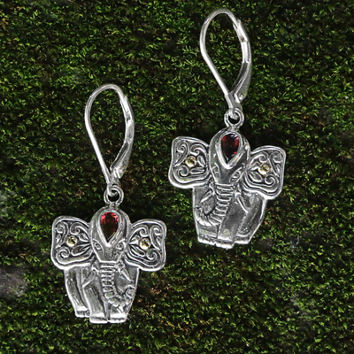 Garnet dangle earrings, 'Red Gajah' - Garnet and Sterling Silver Balinese Elephant Dangle Earrings