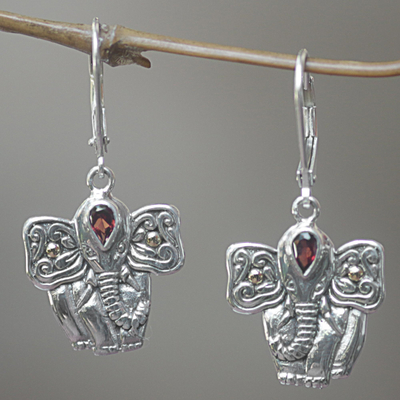 Garnet dangle earrings, 'Red Gajah' - Garnet and Sterling Silver Balinese Elephant Dangle Earrings