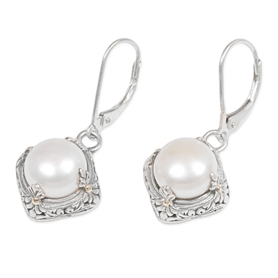 Gold accented cultured pearl dangle earrings, 'White Altar' - Cultured Freshwater Pearl and Sterling Silver Earrings