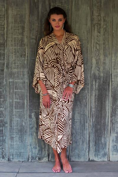 Rayon robe, 'Palm Oasis' - One Size Fits Most Long Cool Rayon Robe for Women 2 Pockets