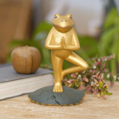 Wood sculpture, 'Frog Pose' - Hand Carved Frog Sculpture Gold Tone from Indonesia