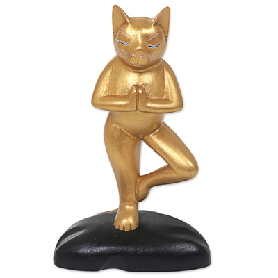 Wood sculpture, 'Cat's Pose' - Hand Carved Gold Tone Wood Sculpture Cat from Indonesia