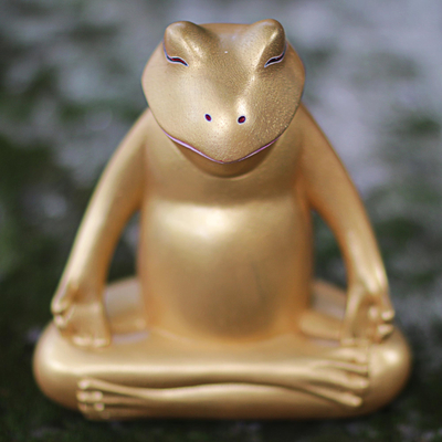 Wood sculpture, 'Peaceful Frog' - Hand Made Gold Tone Wood Frog Sculpture from Indonesia