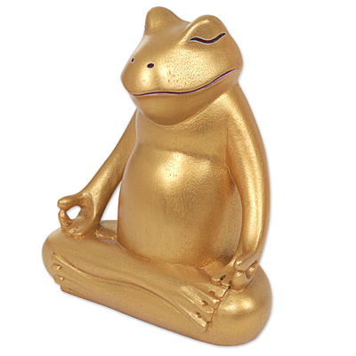 Wood sculpture, 'Peaceful Frog' - Hand Made Gold Tone Wood Frog Sculpture from Indonesia