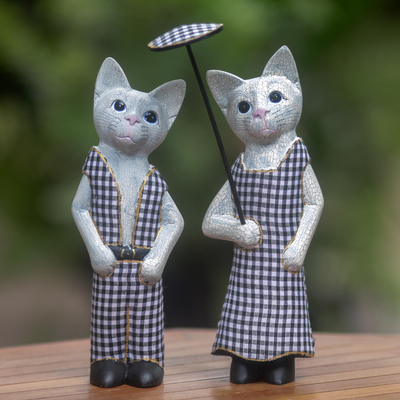 Wood sculptures, 'Bali Cat Couple' (pair) - Hand Made Wood Cat Sculptures (Pair) from Indonesia