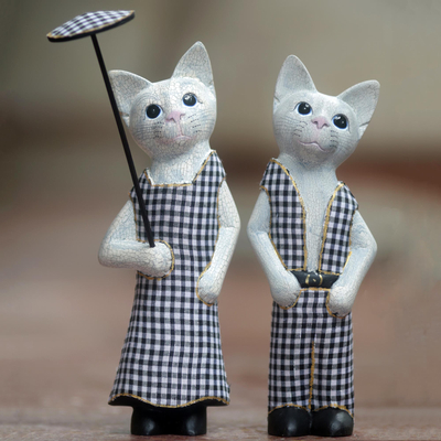 Wood sculptures, 'Bali Cat Couple' (pair) - Hand Made Wood Cat Sculptures (Pair) from Indonesia