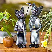 Wood sculptures, 'Bali Cat Couple in Dark Grey' (pair)