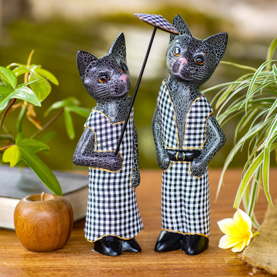 Esculturas de madera, (pareja) - Esculturas de gato de madera hechas a mano gris oscuro (par) indonesia
