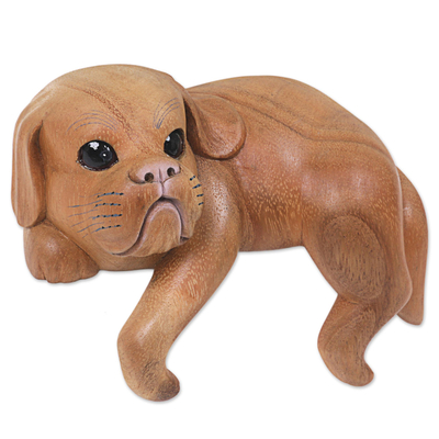Wood sculpture, 'Curious Shih Tzu' - Hand Made Wood Dog Sculpture Natural Finish from Indonesia