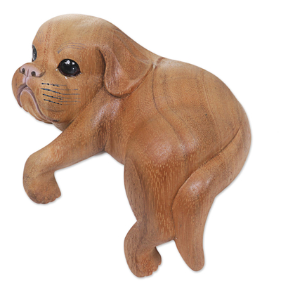 Escultura de madera - Escultura de perro de madera hecha a mano con acabado natural de Indonesia
