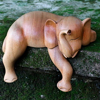 Wood sculpture, 'Napping Elephant' - Hand Carved Elephant Sculpture Natural Finish from Indonesia