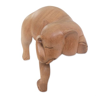 Wood sculpture, 'Napping Elephant' - Hand Carved Elephant Sculpture Natural Finish from Indonesia