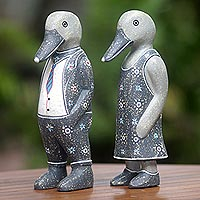 Wood sculpture, 'Grey Duck Fashionistas' (pair) - Hand Carved Wood Sculptures of Duck Pair from Indonesia