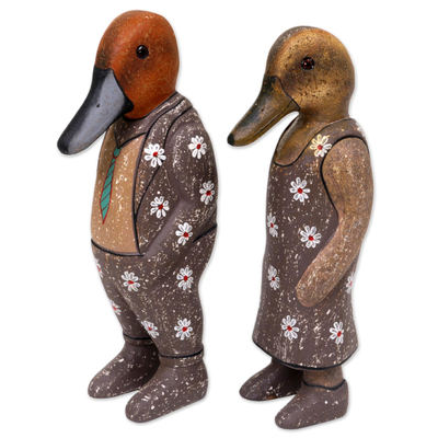 Wood Sculptures Ducks Floral Motif (Pair) from Indonesia