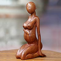 Suar Wood Pregnant Mother Statuette Hand carved in Indonesia,'Mother-to-Be'