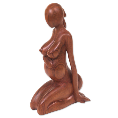 Wood statuette, 'Mother-to-Be' - Suar Wood Pregnant Mother Statuette Hand carved in Indonesia
