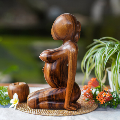 Wood statuette, 'Mother-to-Be' - Suar Wood Pregnant Mother Statuette Hand carved in Indonesia