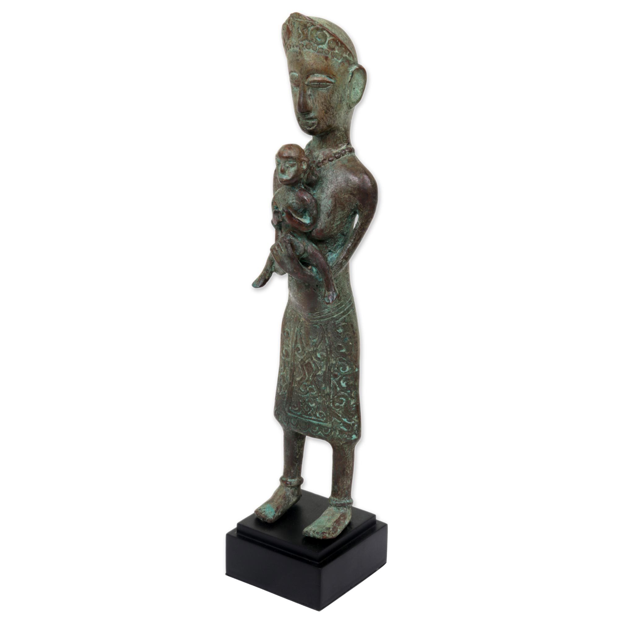 Antiqued Bronze Sculpture of Mother and Child from Indonesia Mother's Warm Embrace NOVICA